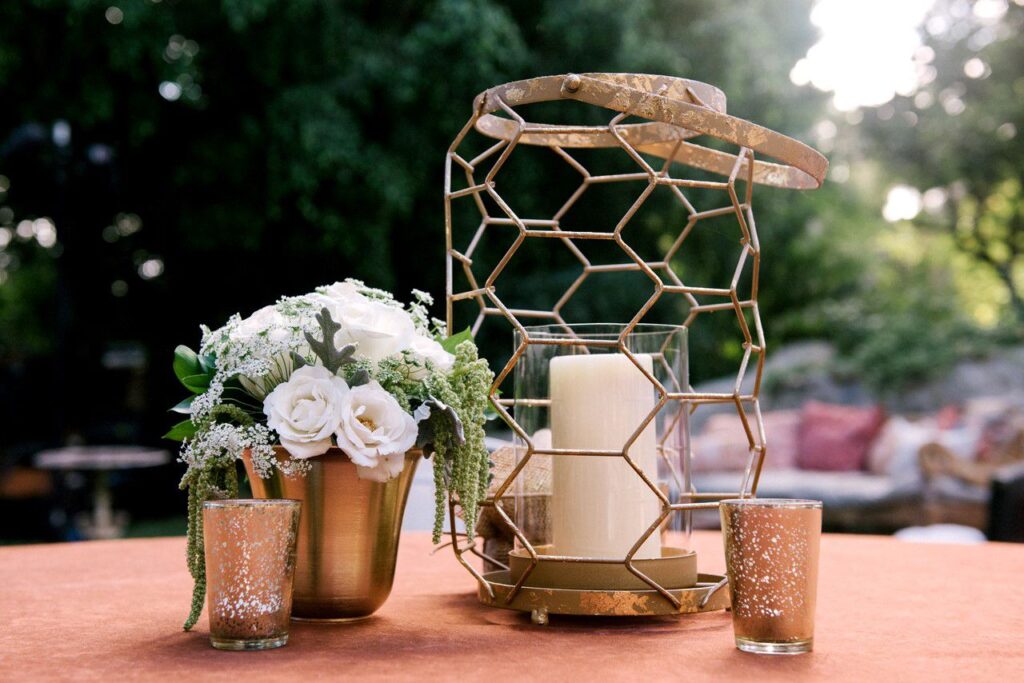 copper metal candle holders & flowers